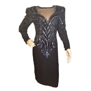 Vintage 80s  A.J. Bari Beaded Sequins Silk Dress Size 8 Beautiful